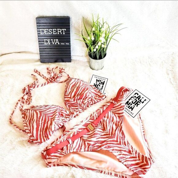 California Womens Bikini Orange L Animal Print Halter Top Belted Bottom New - Picture 1 of 4